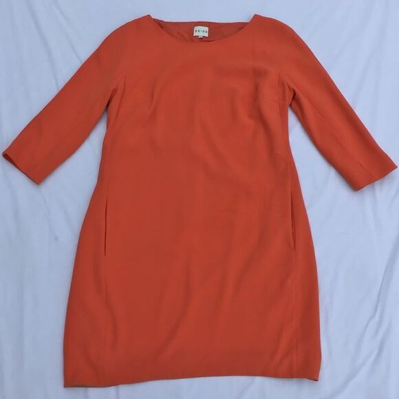 Reiss Size 10 Orange Shift Dress 3/4 Sleeve Hip Pockets Good Condition Size 10 - Picture 6 of 11